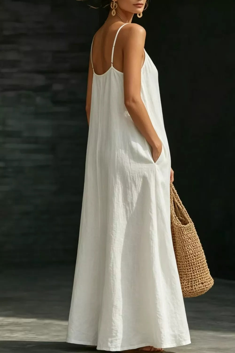 White maxi dress side view with pocket