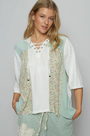 POL Lace-Up Hooded T-Shirt with Paisley Panel Detail Light Green - Fashorio