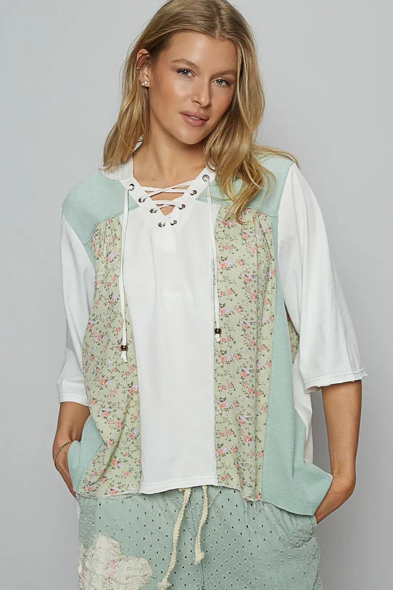 POL Lace-Up Hooded T-Shirt with Paisley Panel Detail Light Green - Fashorio