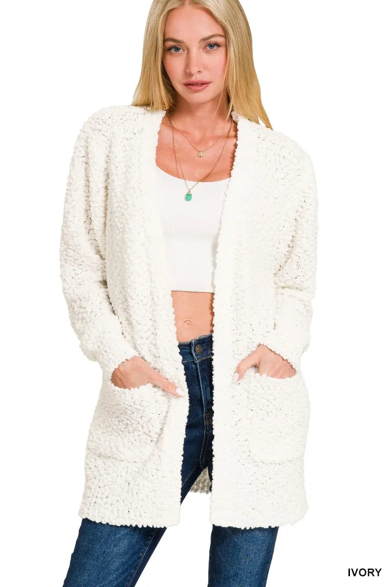 Zenana Long Sleeve Popcorn Sweater Cardigan with Pockets IVORY - Fashorio