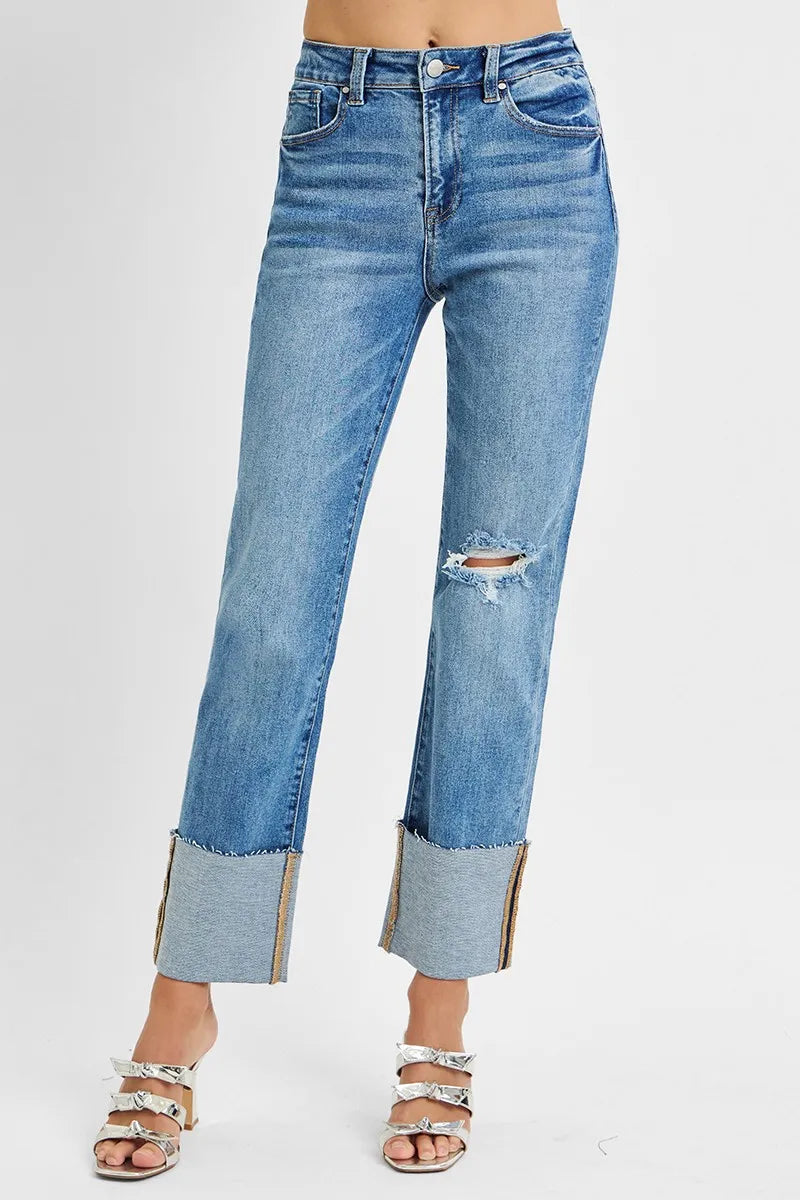 RISEN straight leg jeans side view showing wide cuffed hem