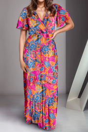 Printed Surplice Short Sleeve Maxi Dress Multicolor - Fashorio