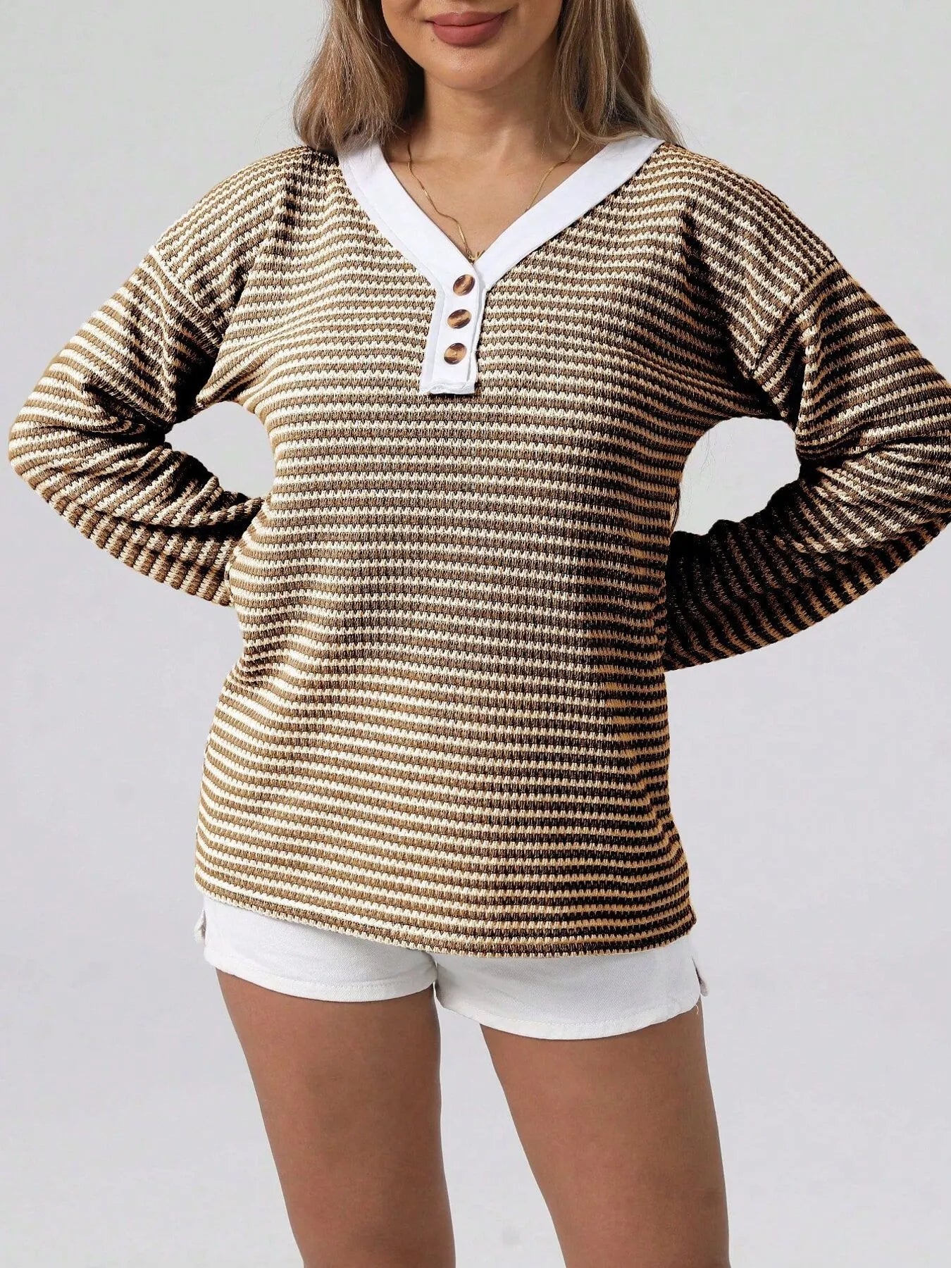 Striped Button Detail Long Sleeve Top Coffee Brown - Fashorio
