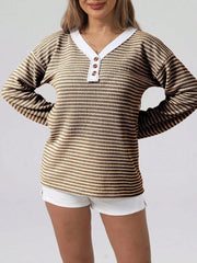 Striped Button Detail Long Sleeve Top Coffee Brown - Fashorio