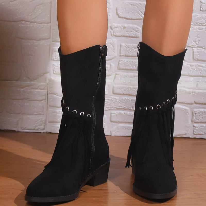 Fringe Western Block Heel Boots front view