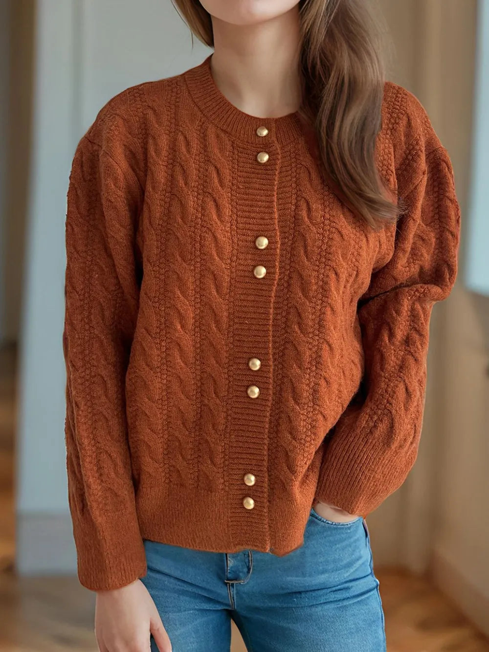 Cable-Knit Round Neck Long Sleeve Cardigan Caramel One Size - Fashorio