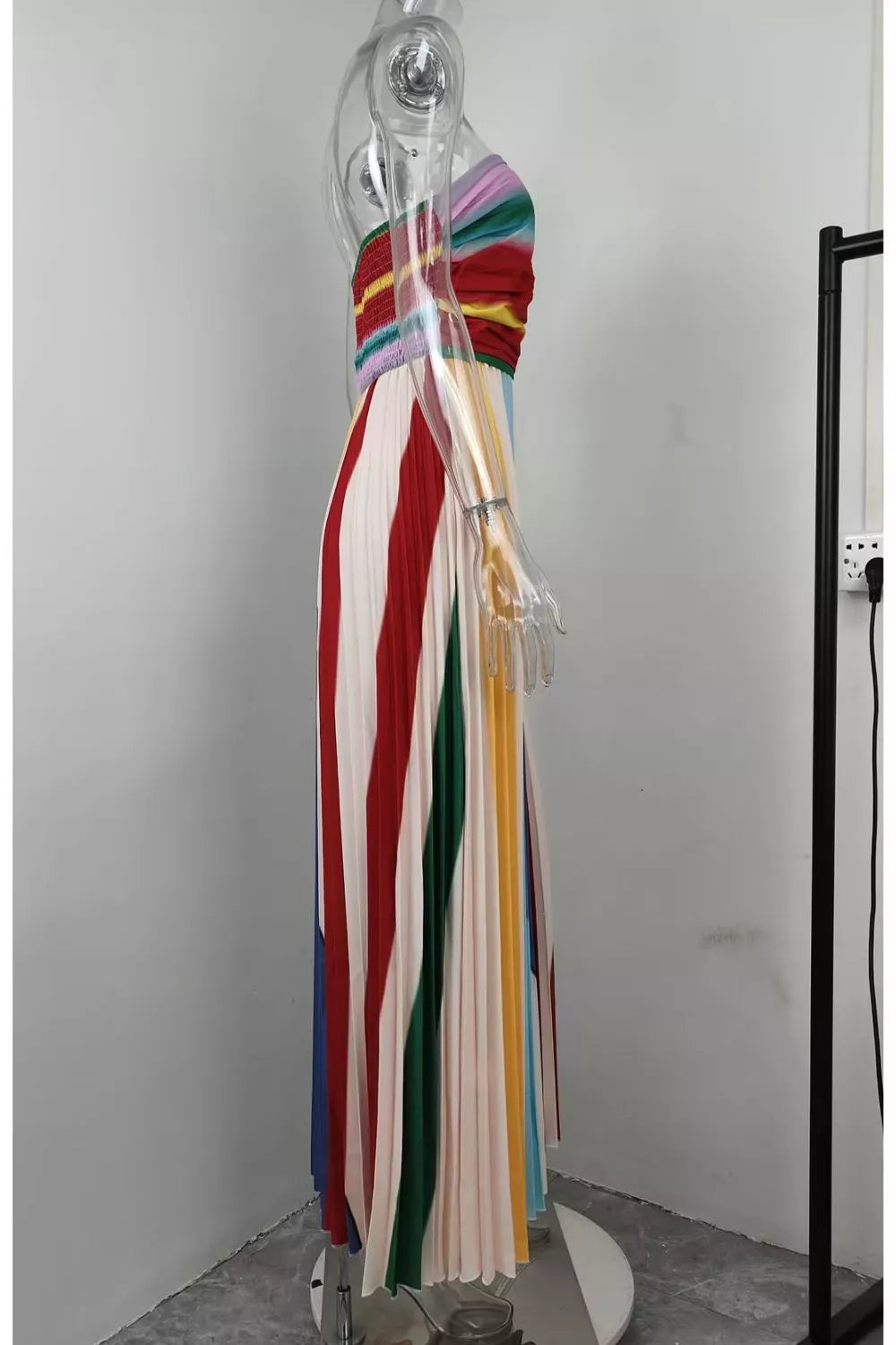 Multicolor striped pleated strapless maxi dress close up