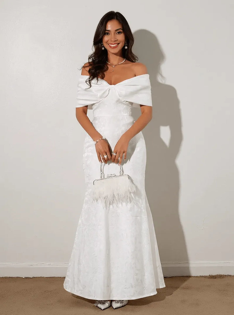White bow off shoulder maxi dress front view