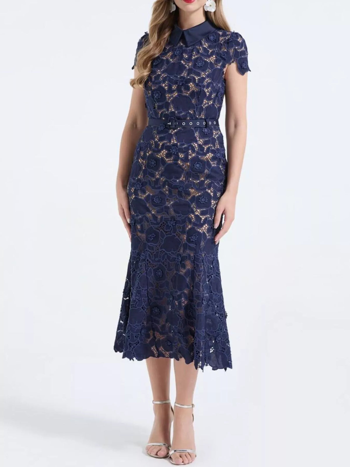 Floral lace midi dress waist and zipper detail