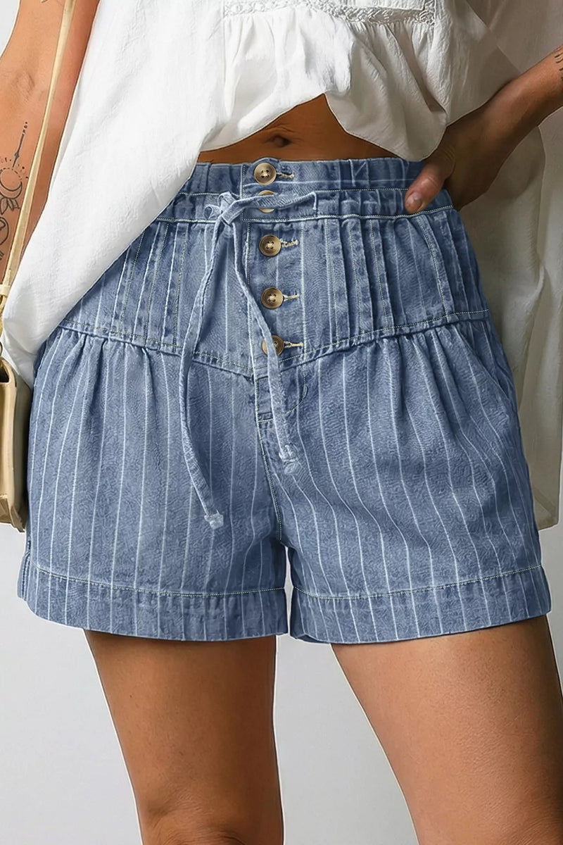 Striped high waisted denim shorts in dusty blue front view