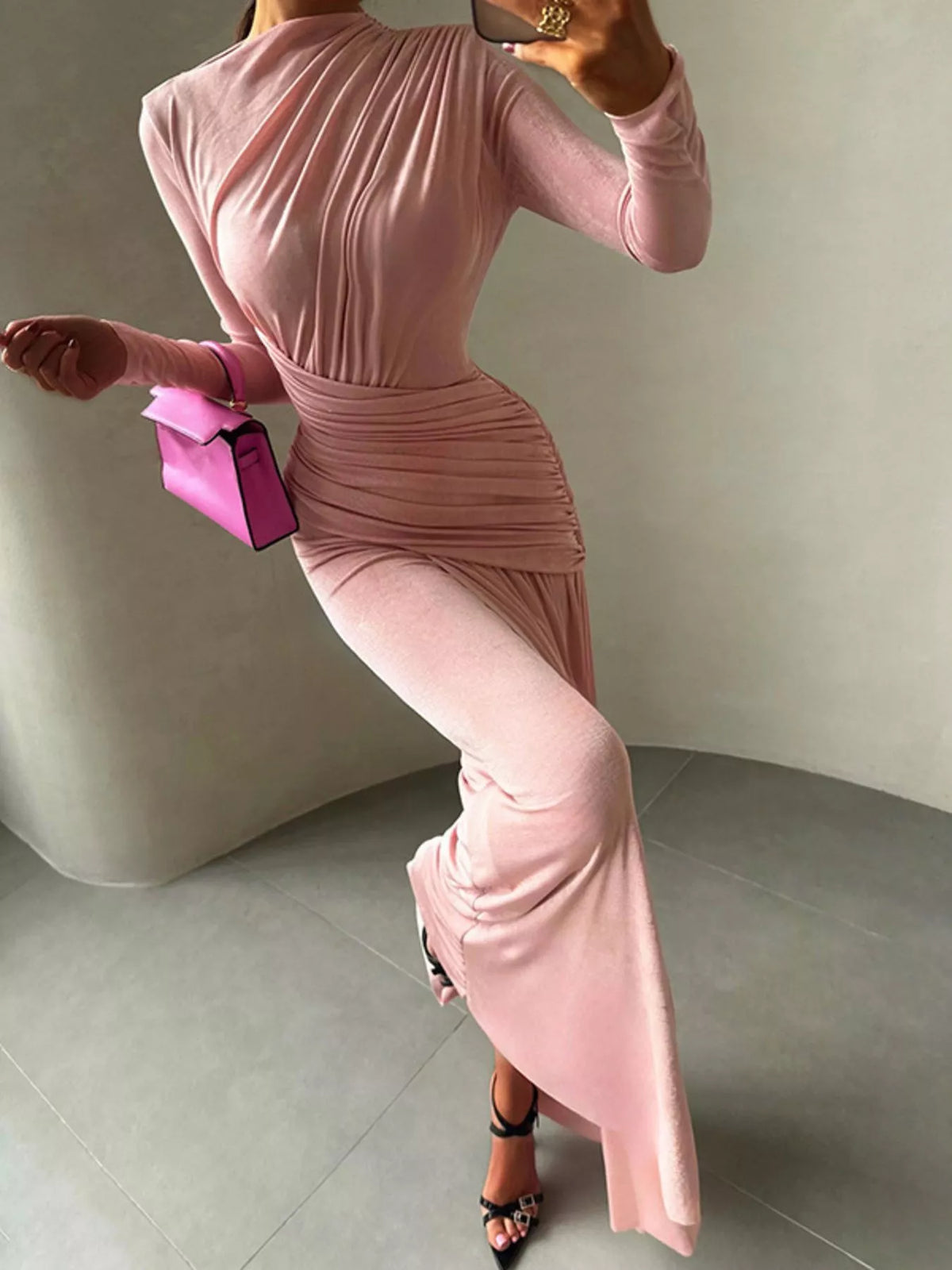 Ruched long sleeve maxi dress full length view