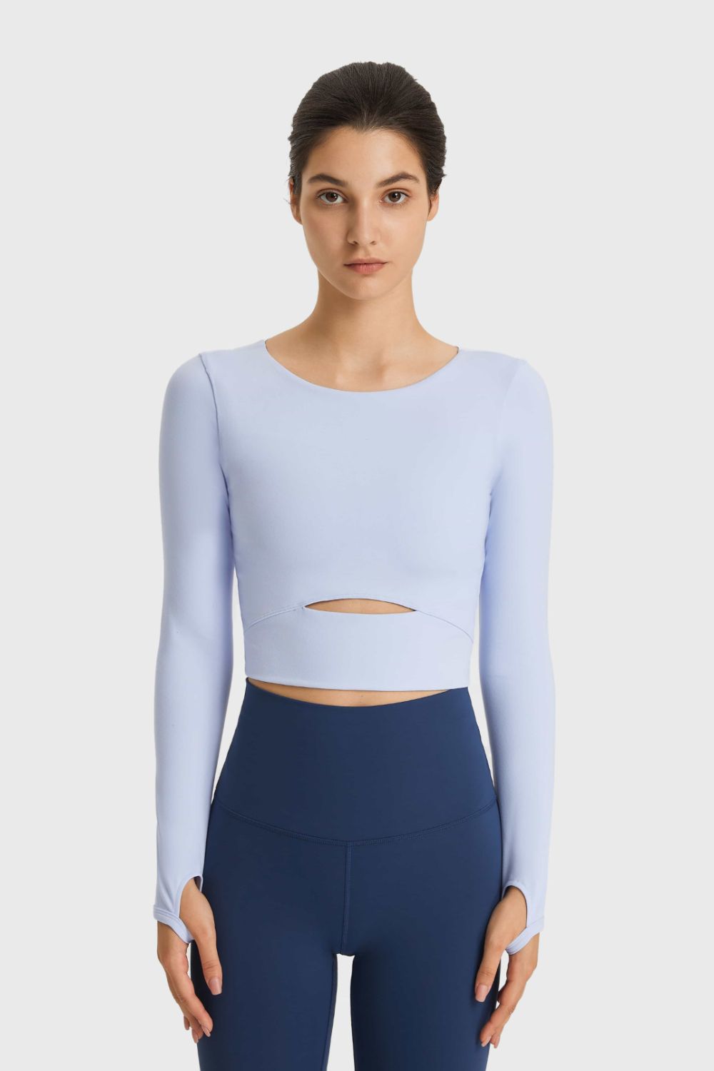 cutout long sleeve cropped sports top styled look