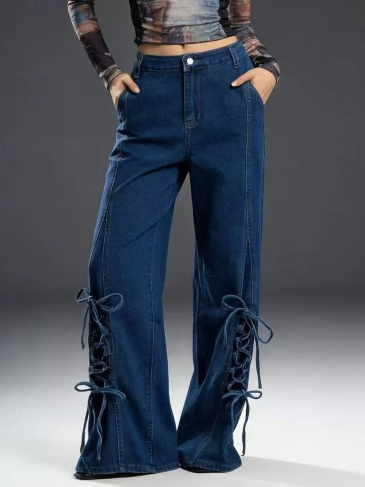 Lace up wide leg jeans in dark blue front view