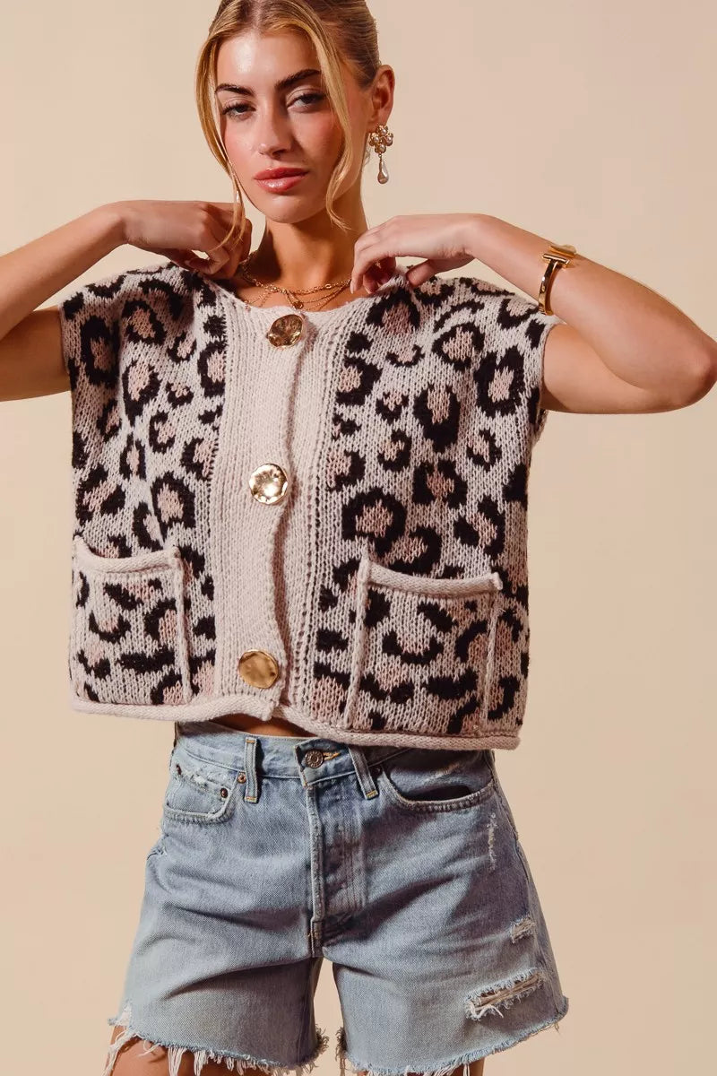 Button Front Leopard Print Sweater Vest back view