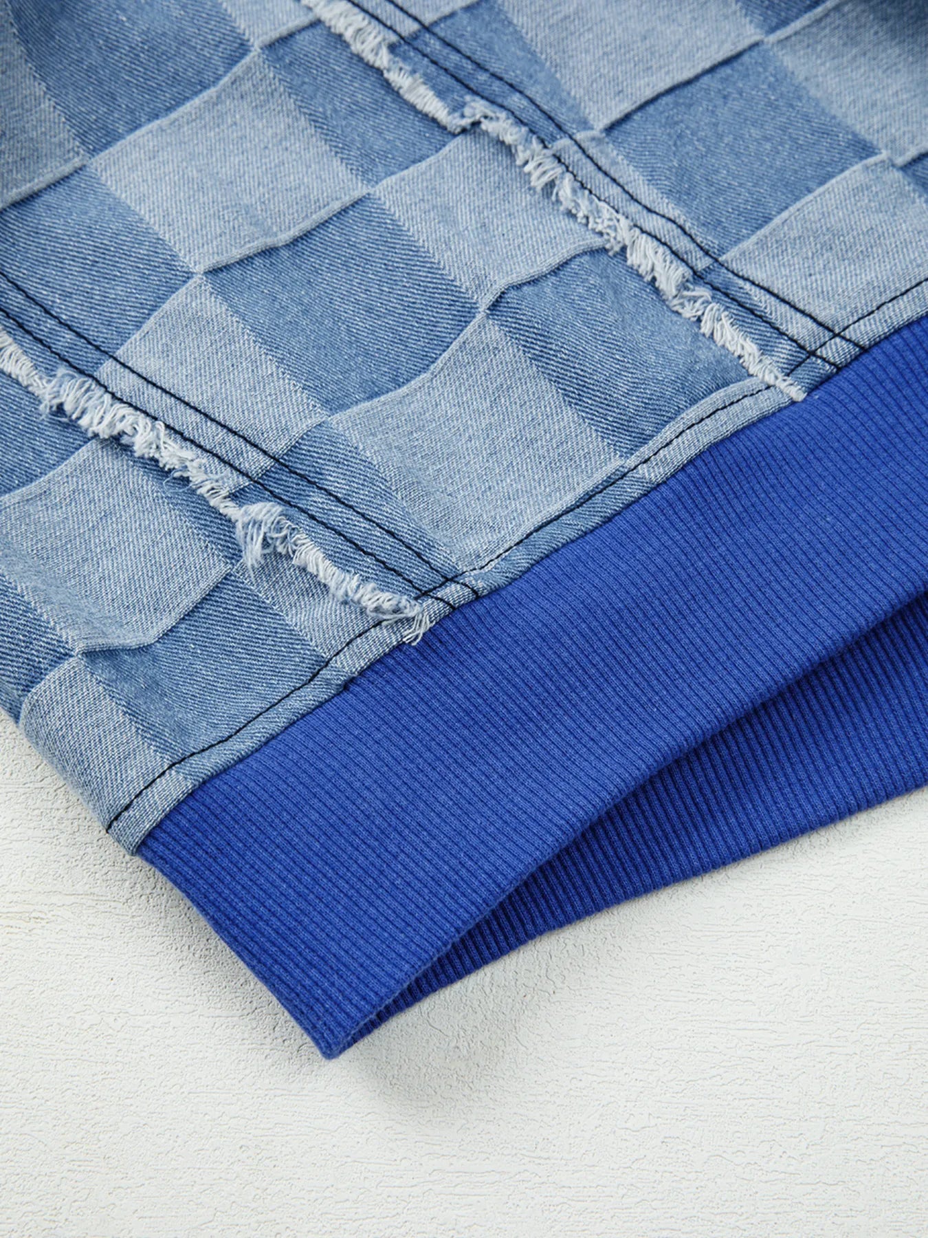 Checkerboard Splicing Raw Detail Oversized Denim Top - Fashorio