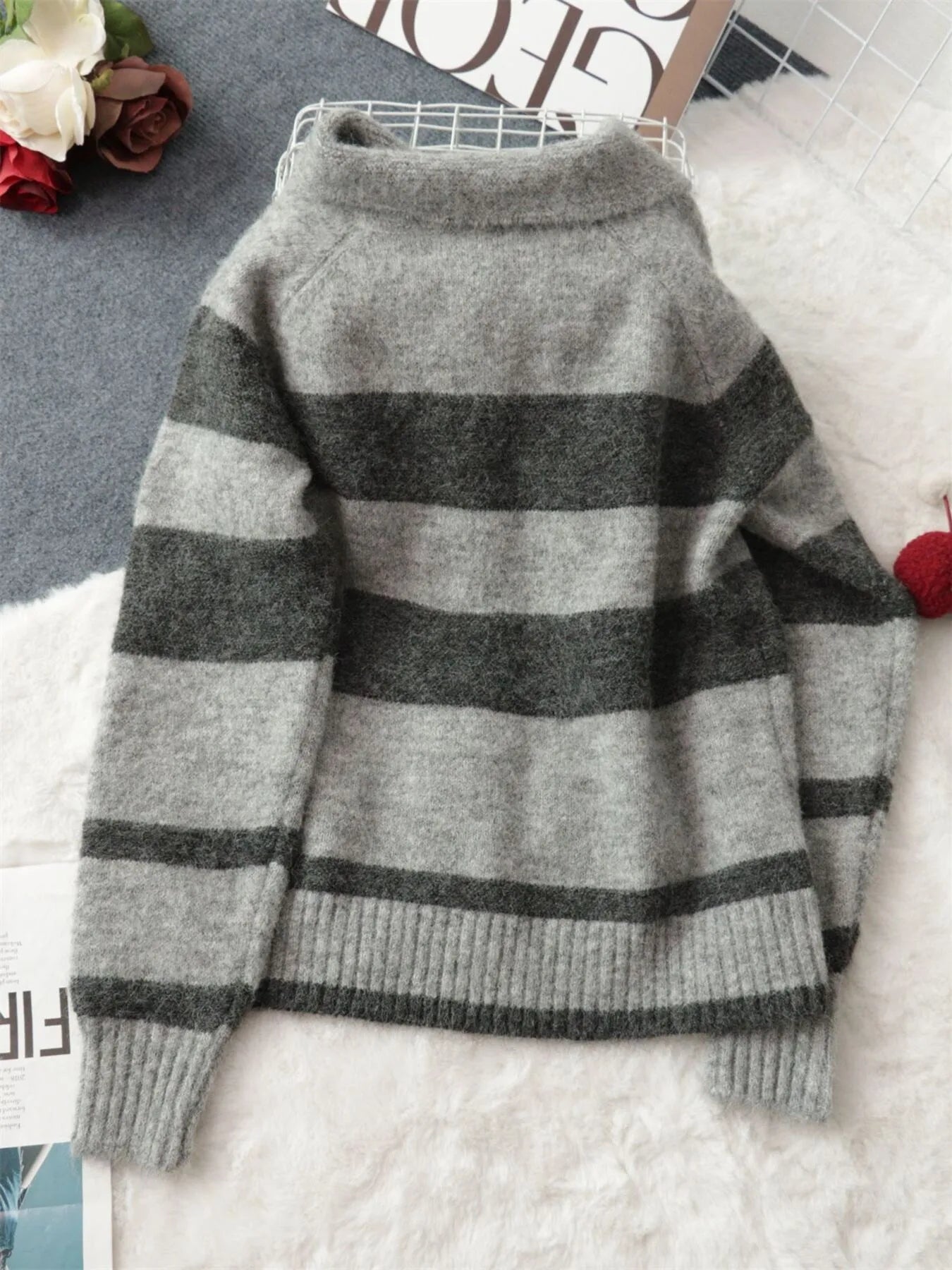 Striped Button-Up Cozy Cardigan - Fashorio