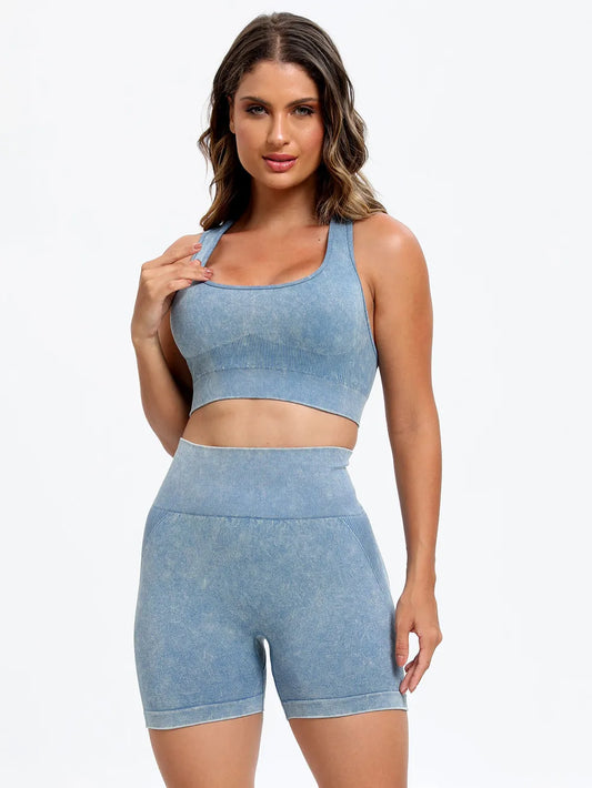Scoop Neck Wide Strap Top and Shorts Active Set Light Blue - Fashorio
