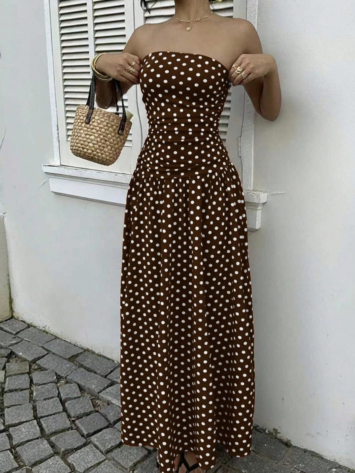 Polka dot strapless maxi dress neckline detail
