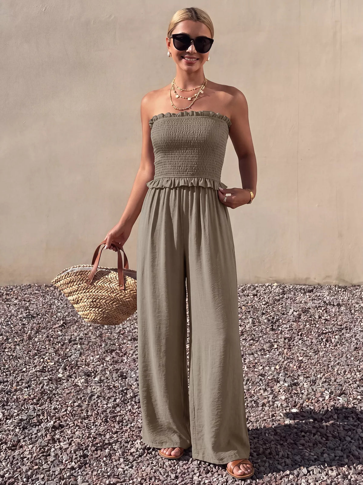 Brown wide leg jumpsuit side view