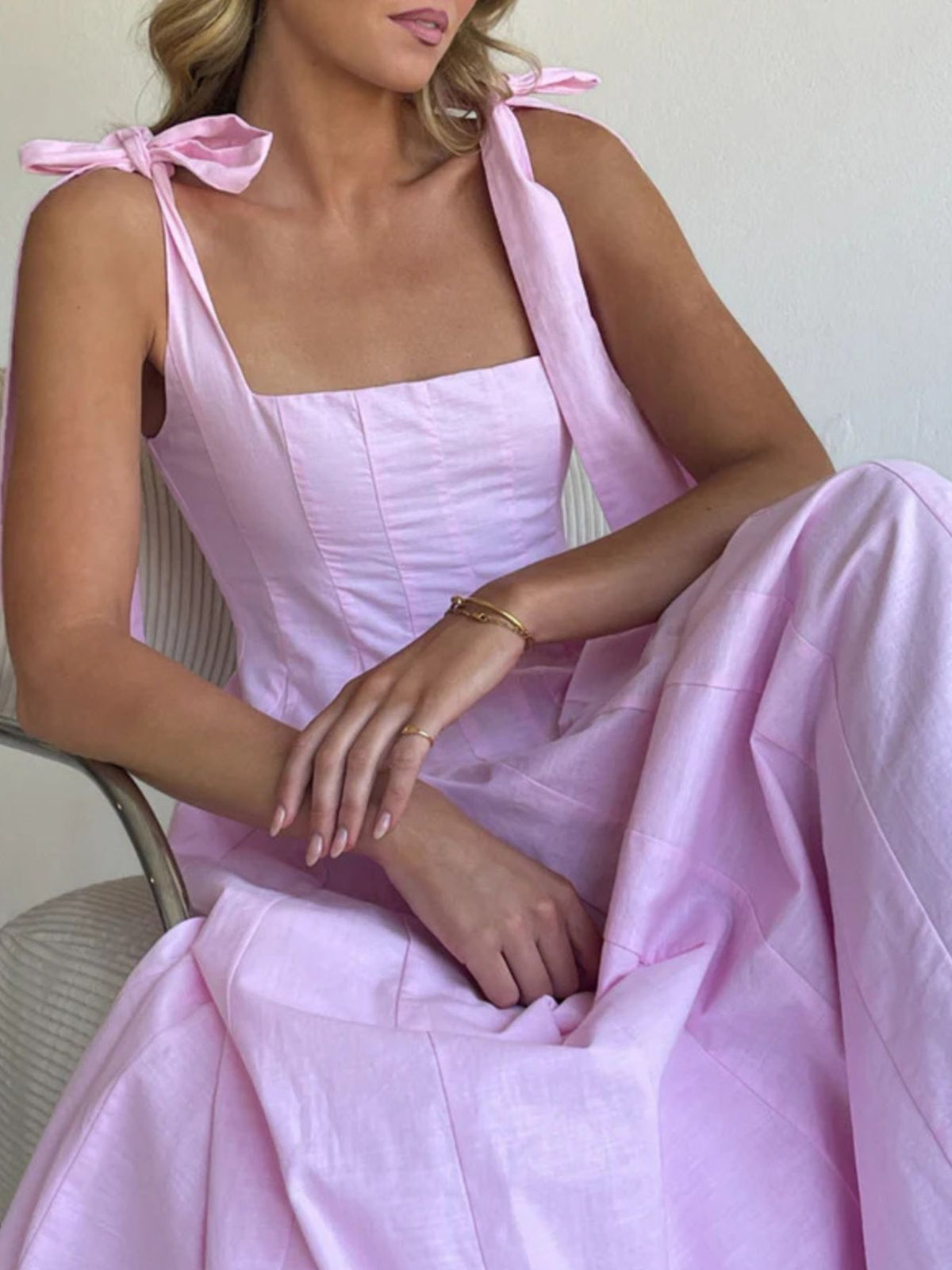 Gradient tie shoulder maxi dress hem detail