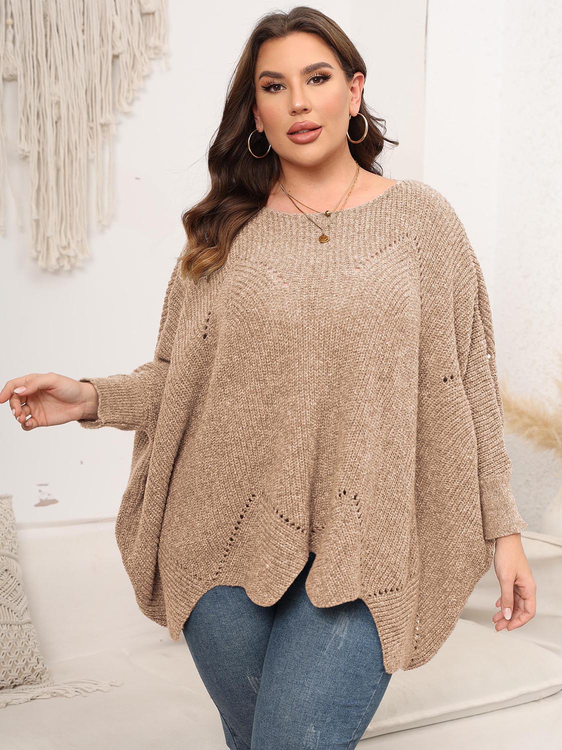 Plus Size Round Neck Batwing Sleeve Sweater Tan - Fashorio
