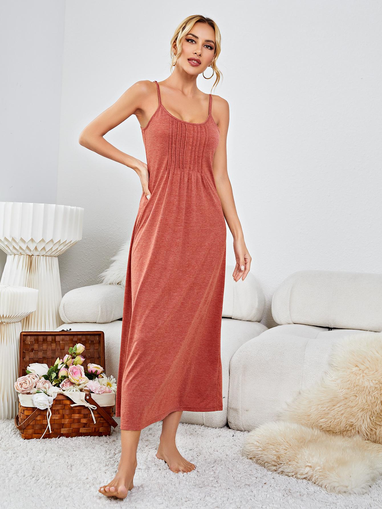 Scoop Neck Spaghetti Strap Night Dress Brick - Fashorio