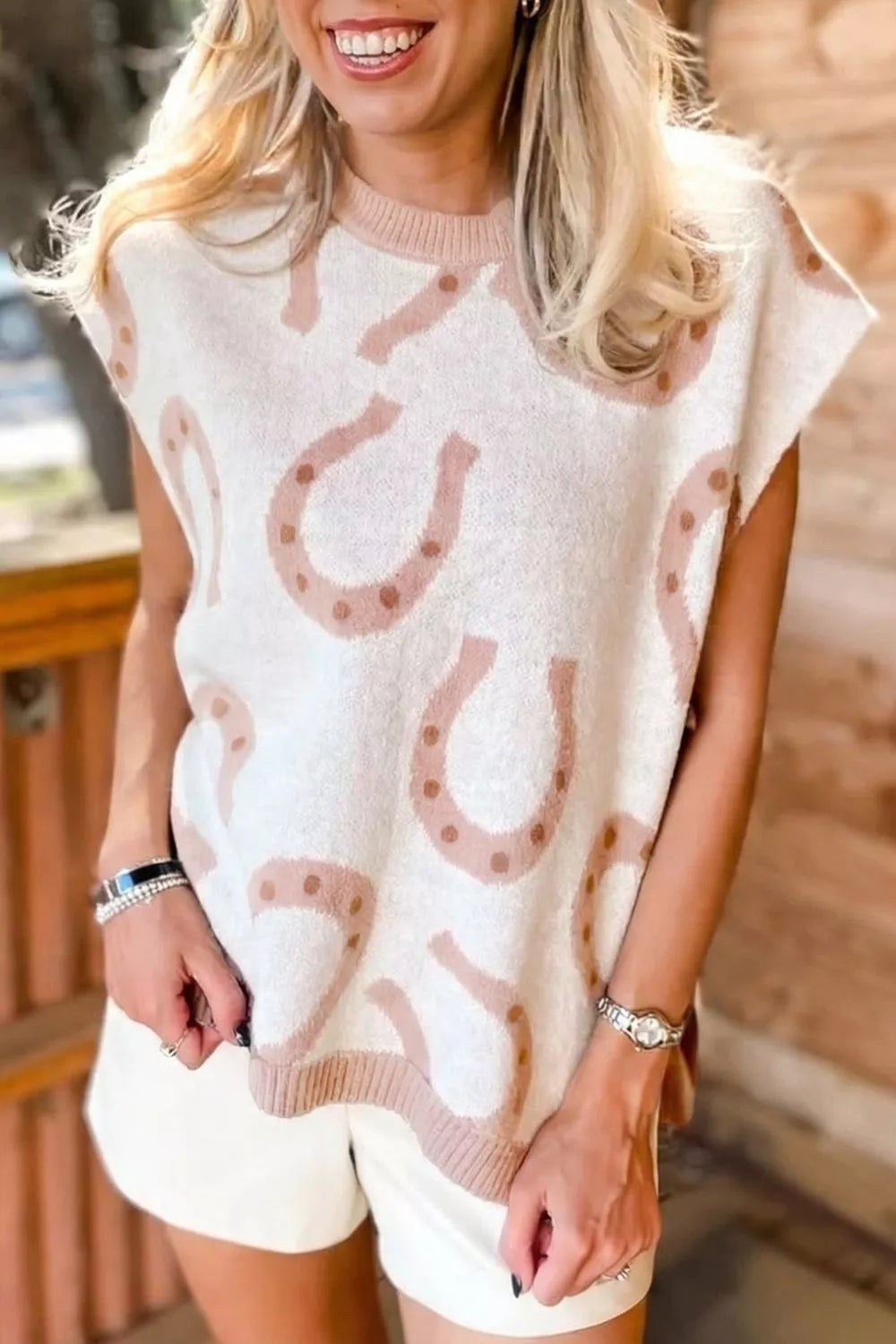 Horseshoe print cap sleeve knit top front view