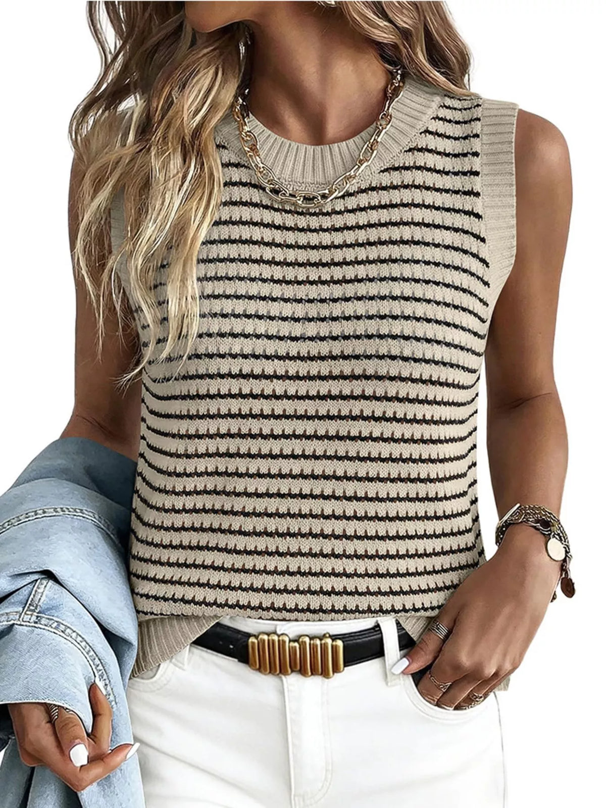 Ribbed Striped Knit Sweater Vest, view 7