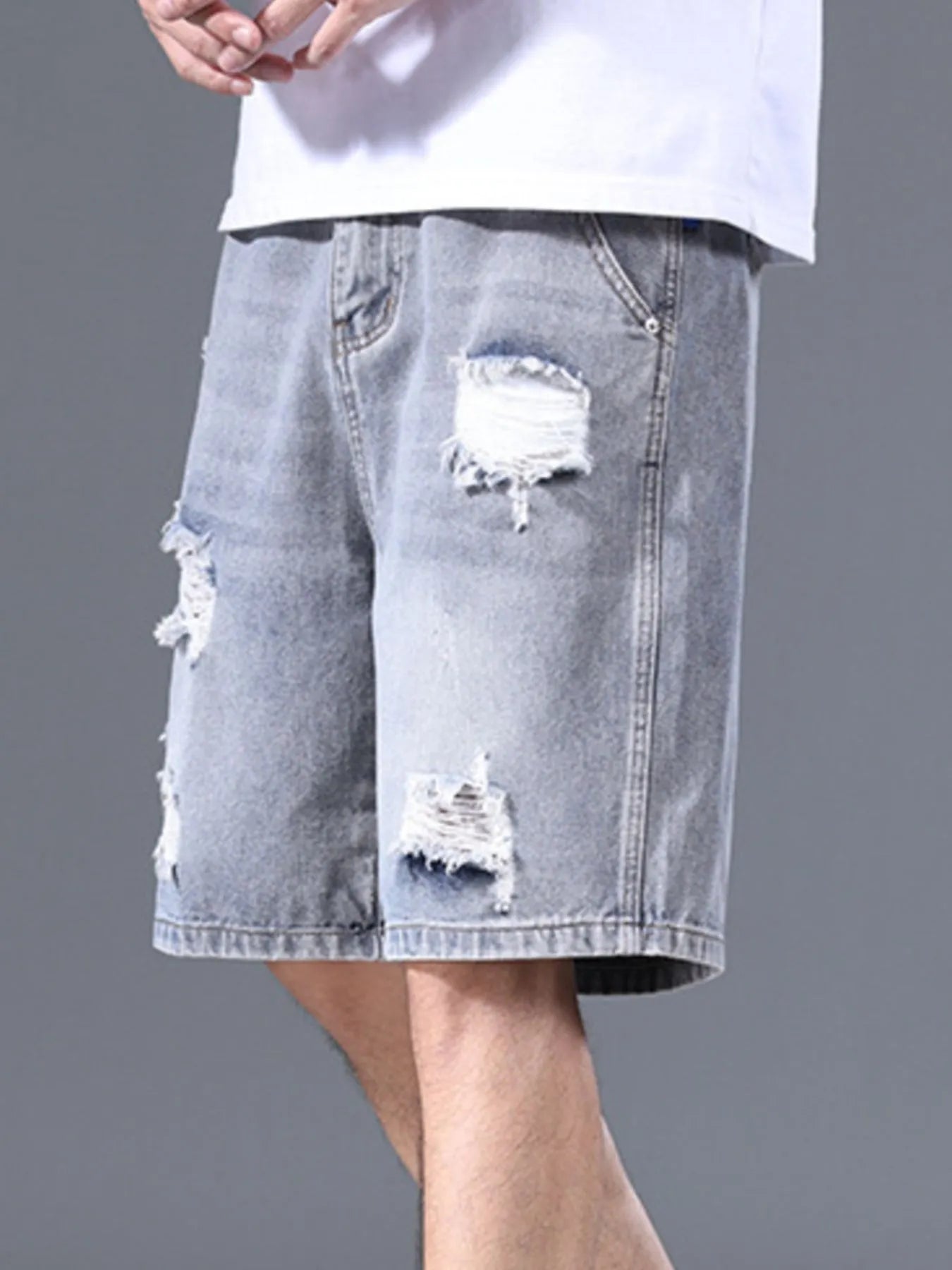 Men's Distressed Denim Shorts with Ripped Details Light Blue - Fashorio