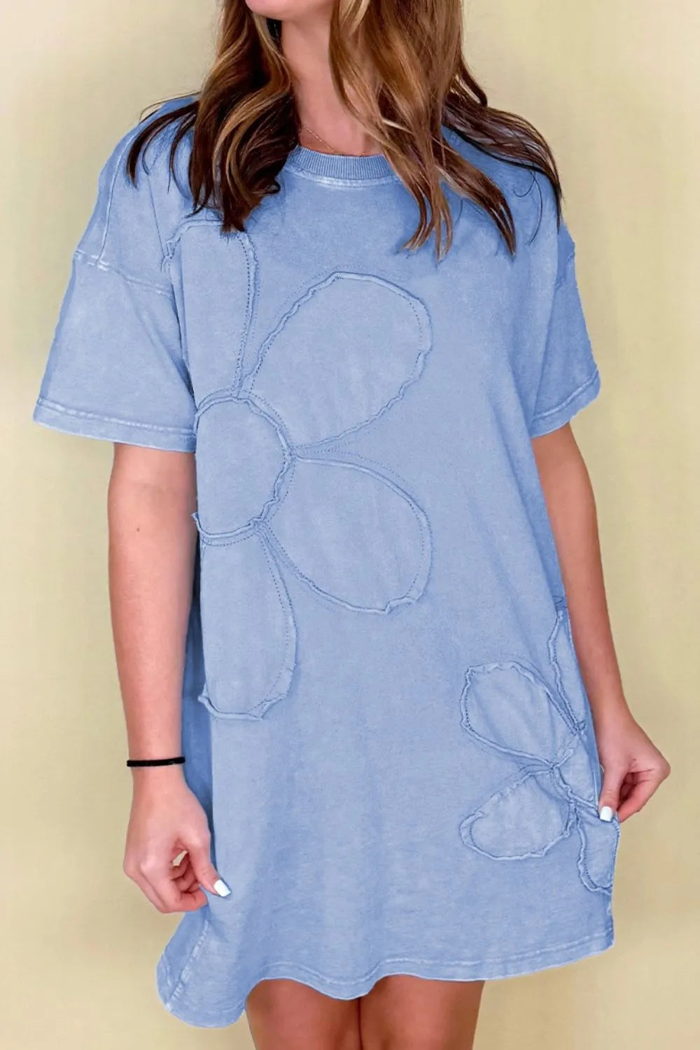 Floral round neck short sleeve shirt dress front view