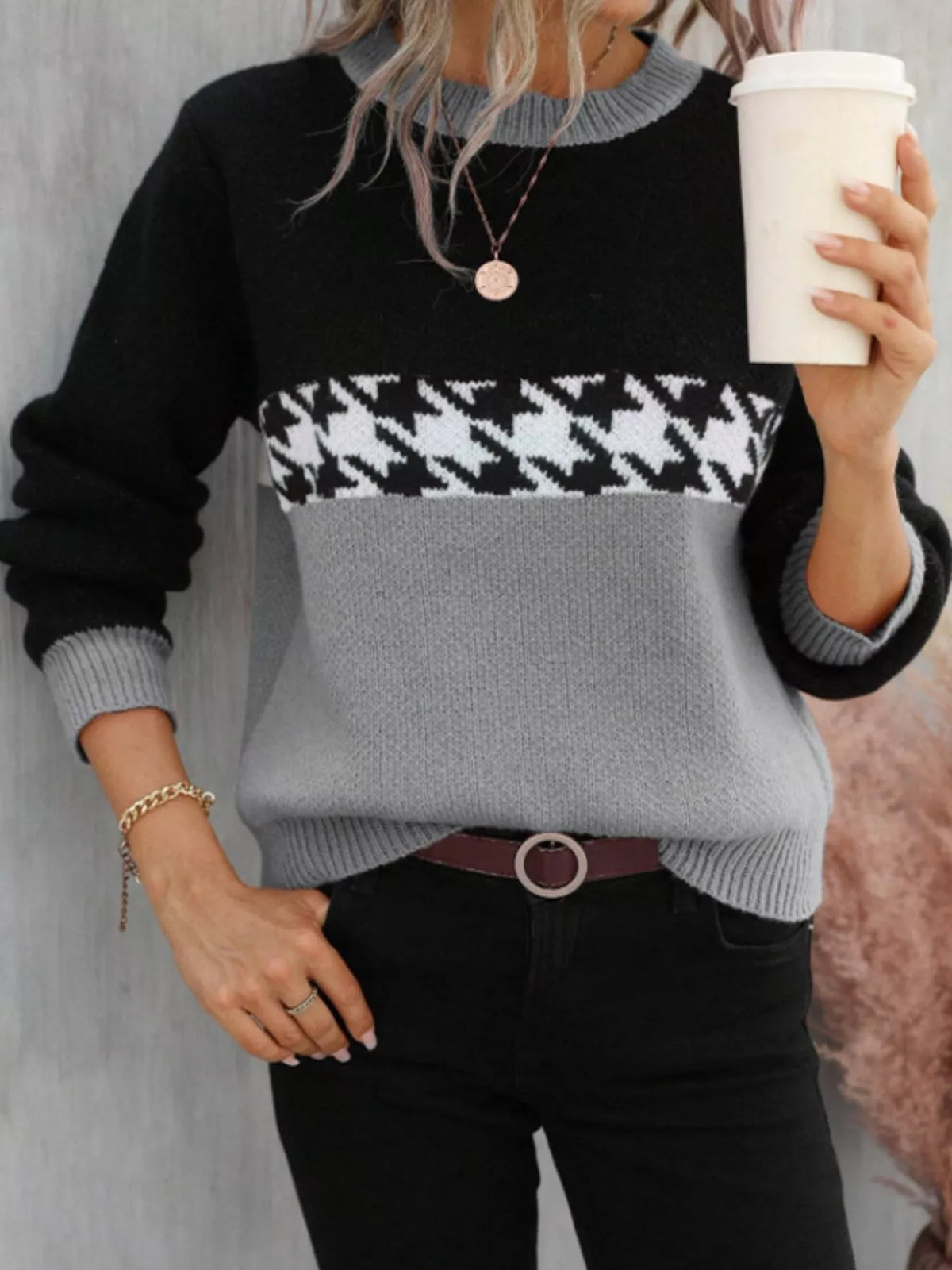 color block houndstooth sweater side view
