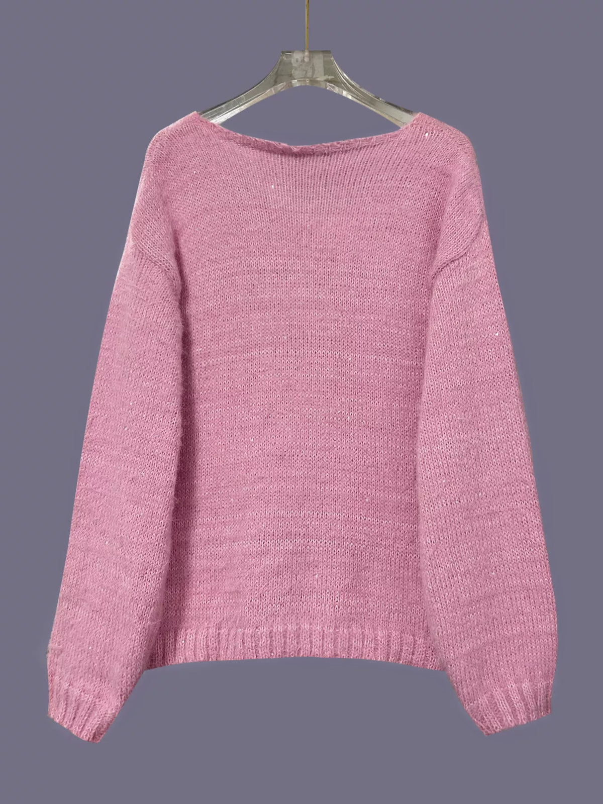Pink fuzzy V neck top full view