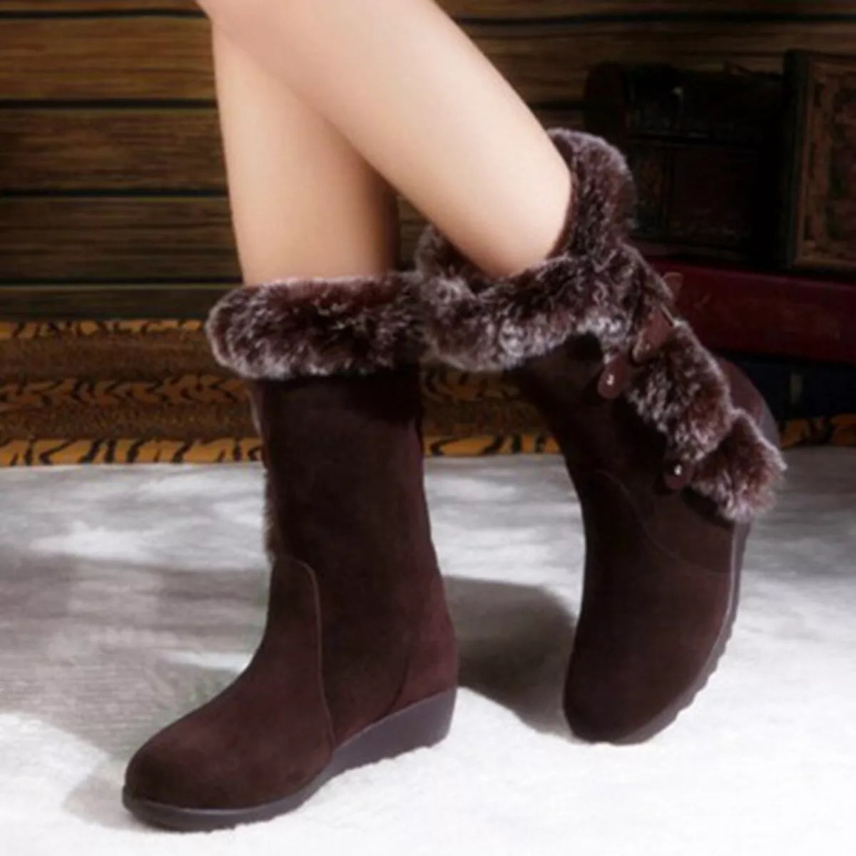 Fur Trim Round Toe Boots angled three quarter view