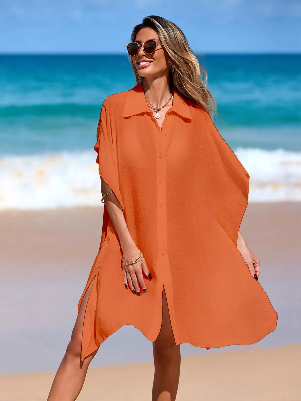 Swim cover up shown over a bikini