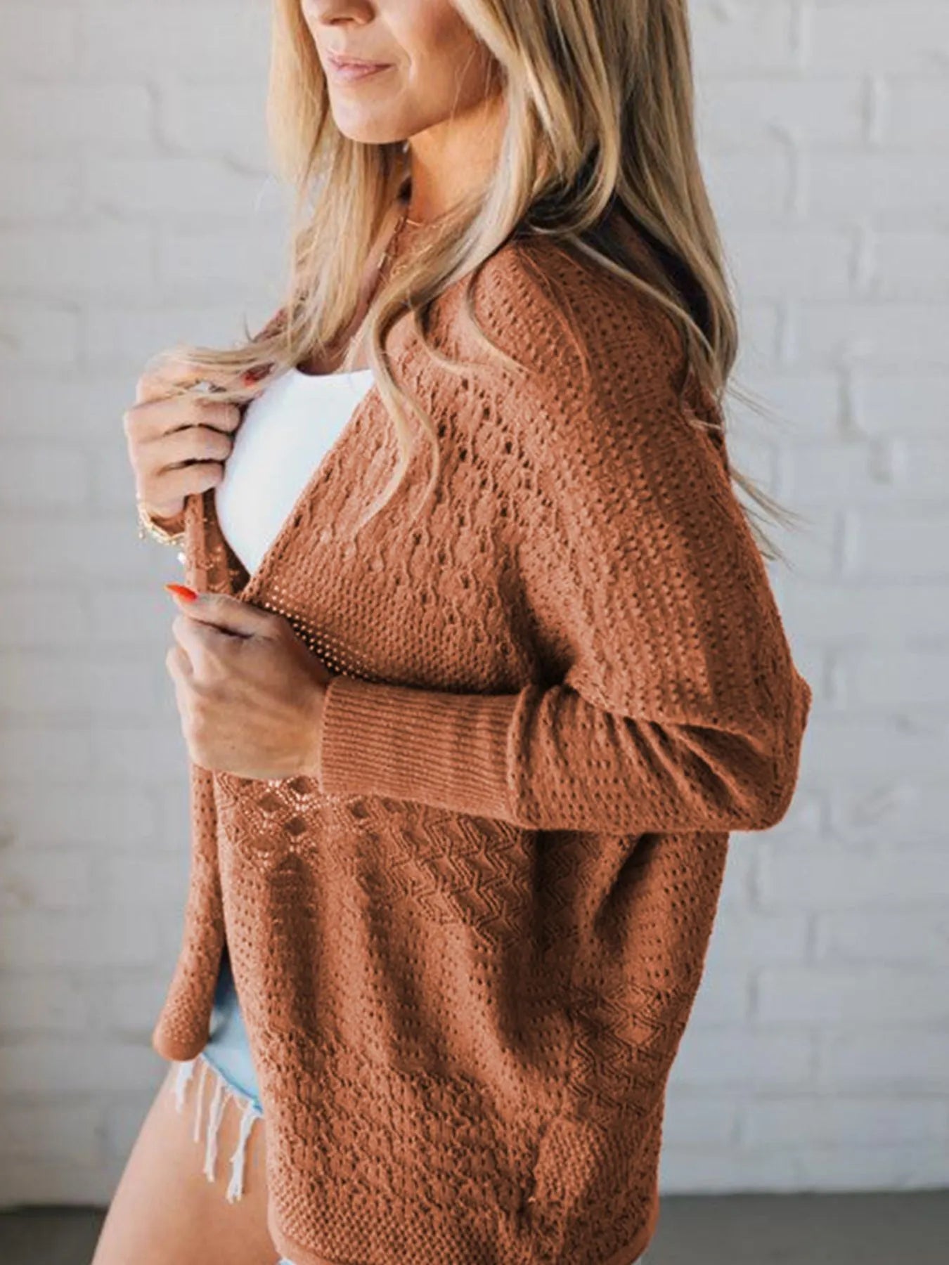 Open Front Knitted Cardigan with Eyelet Details - Fashorio
