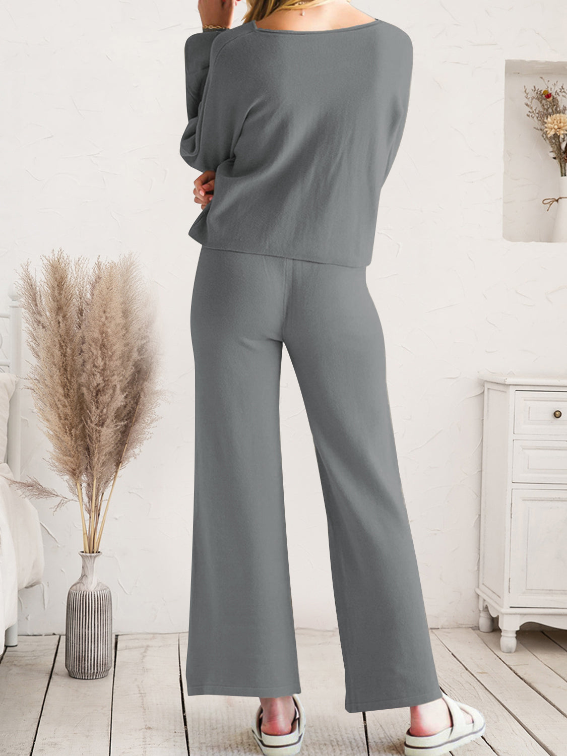 Long Sleeve Lounge Top and Drawstring Pants Set - Fashorio