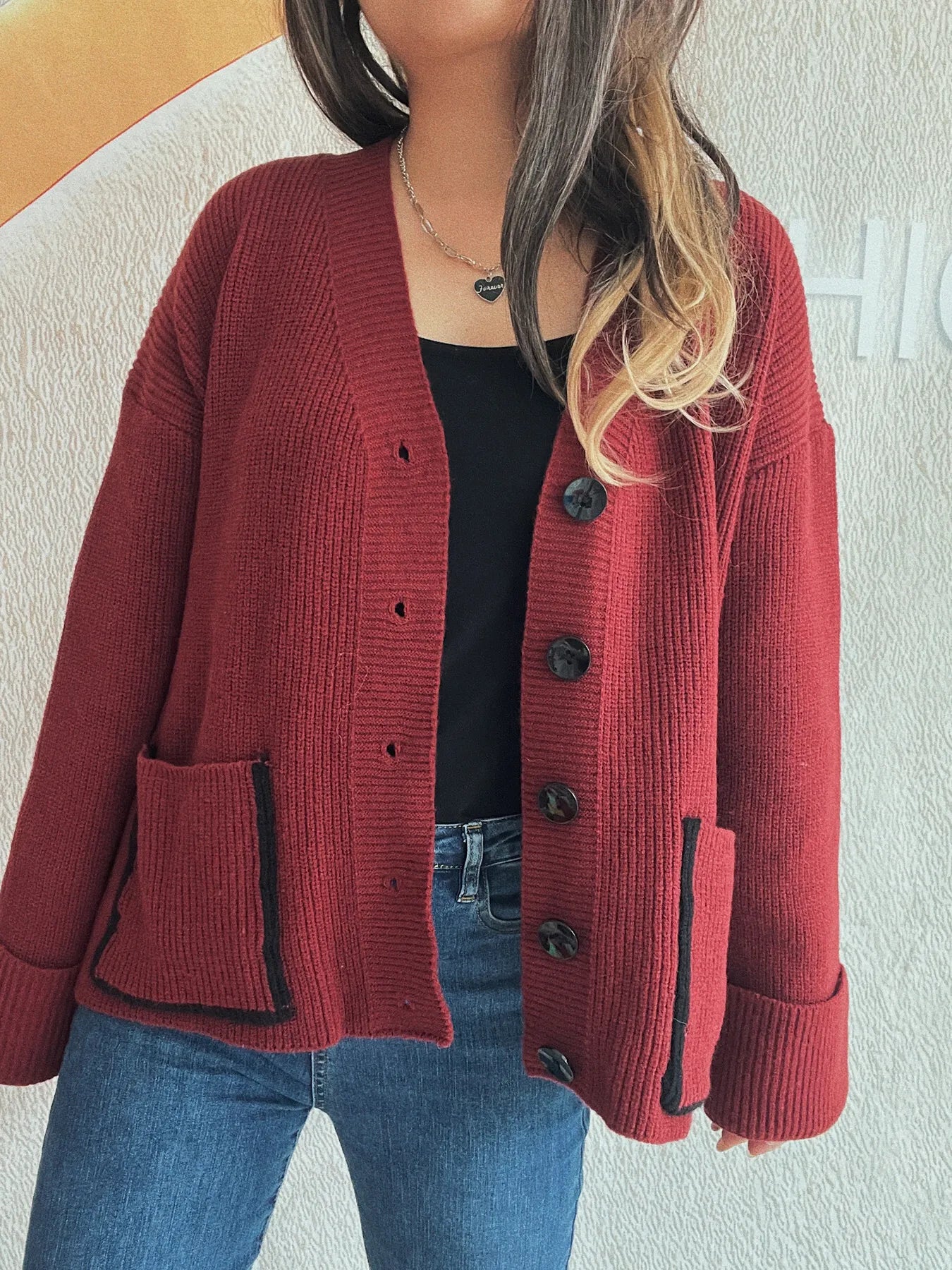 Button-Front Ribbed Cardigan with V-Neck - Fashorio