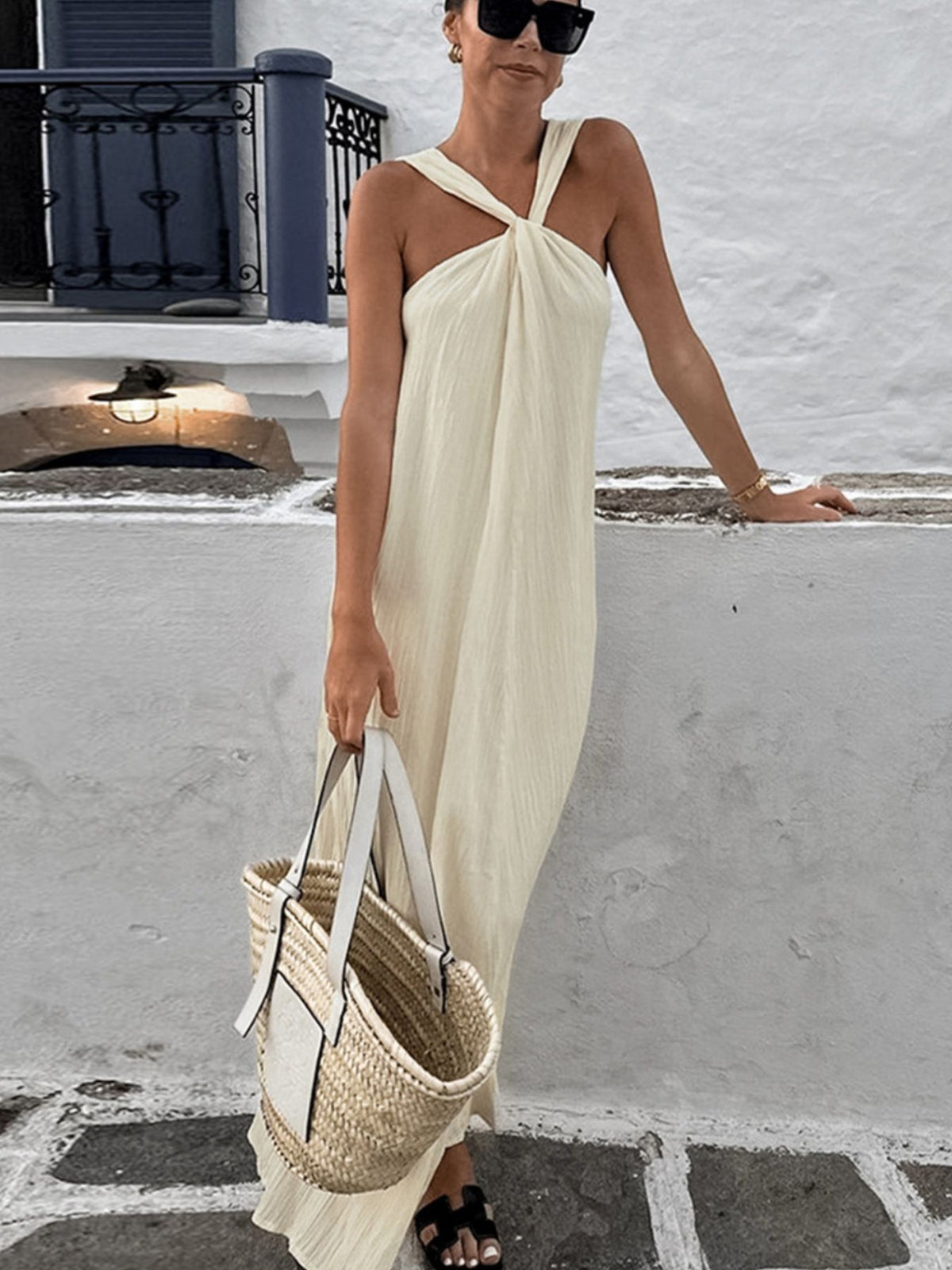 halter neck flowy maxi dress flat lay view