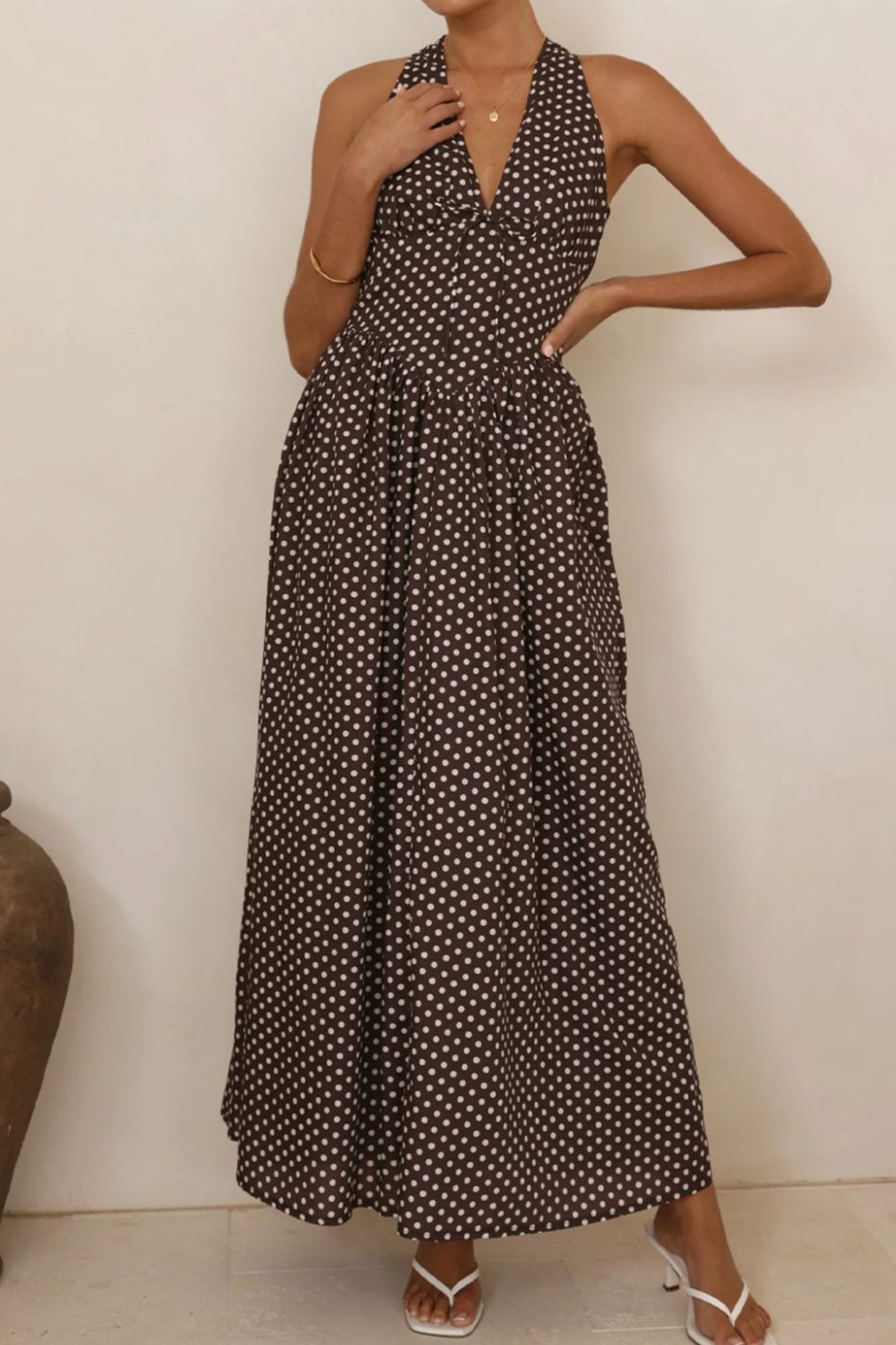 polka dot backless halter neck maxi dress front view