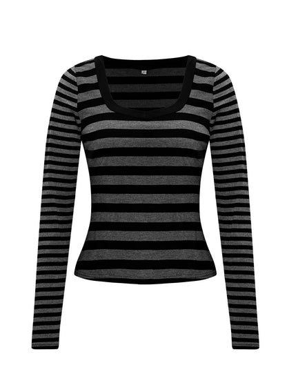 Striped Long Sleeve Contrast T-Shirt - Fashorio