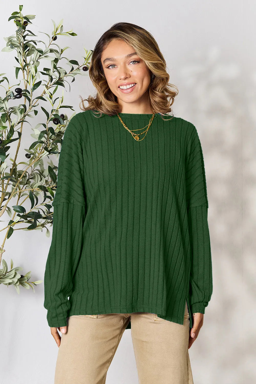 Basic Bae Ribbed Round Neck Slit Knit Top, view 28