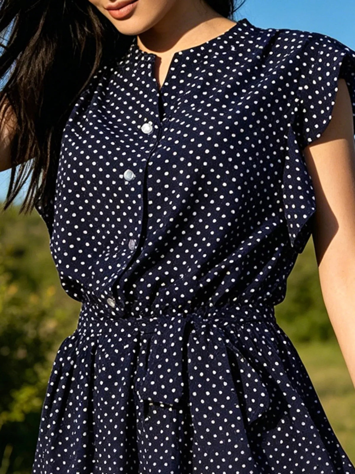 Polka dot ruffle sleeve tie waist dress blue view