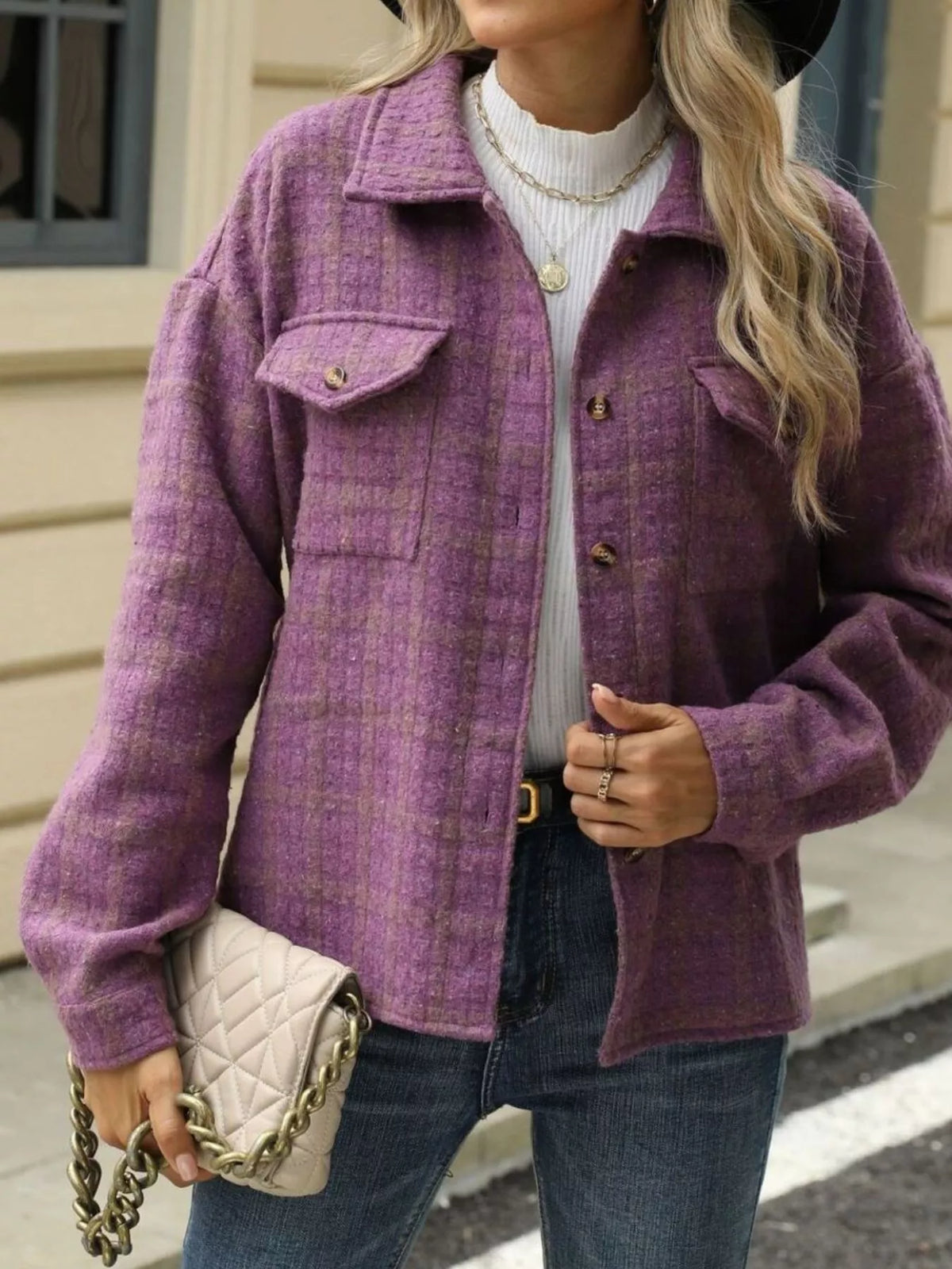 Plaid Button Up Jacket in White and Red view 15