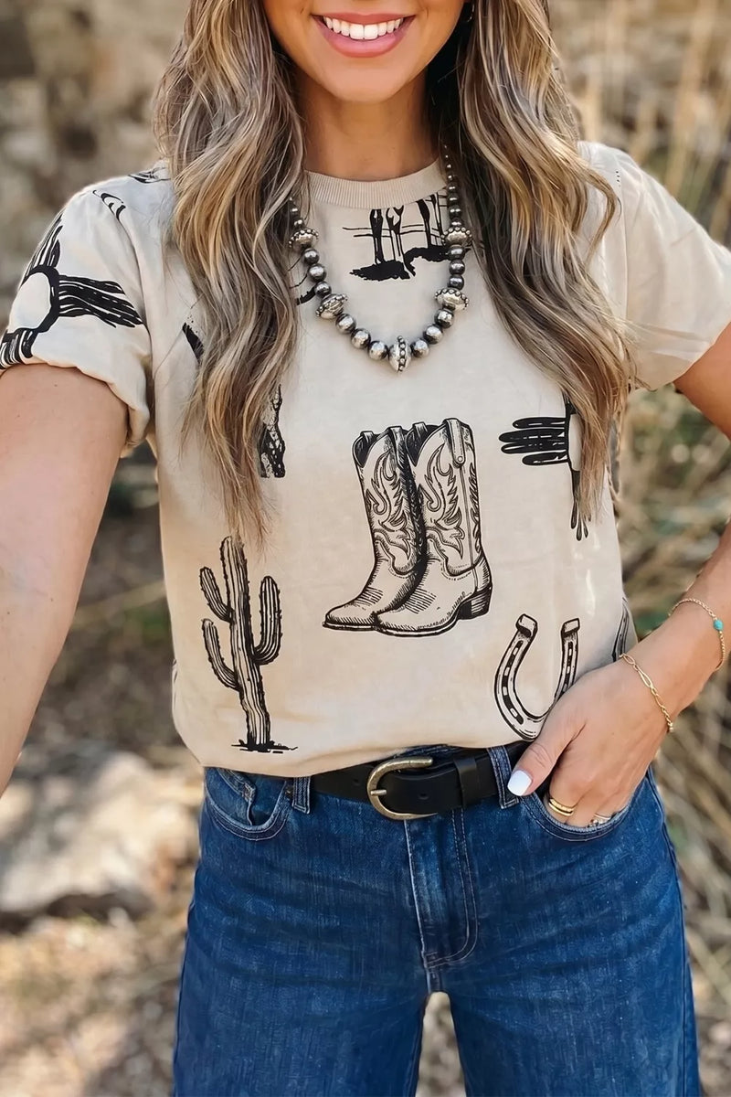 Khaki western print short sleeve tee front view