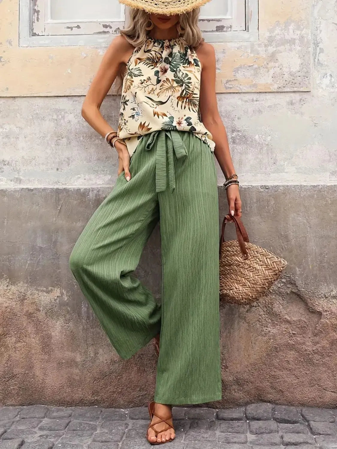 Printed Tank Top and Wide Leg Pants Set - Fashorio