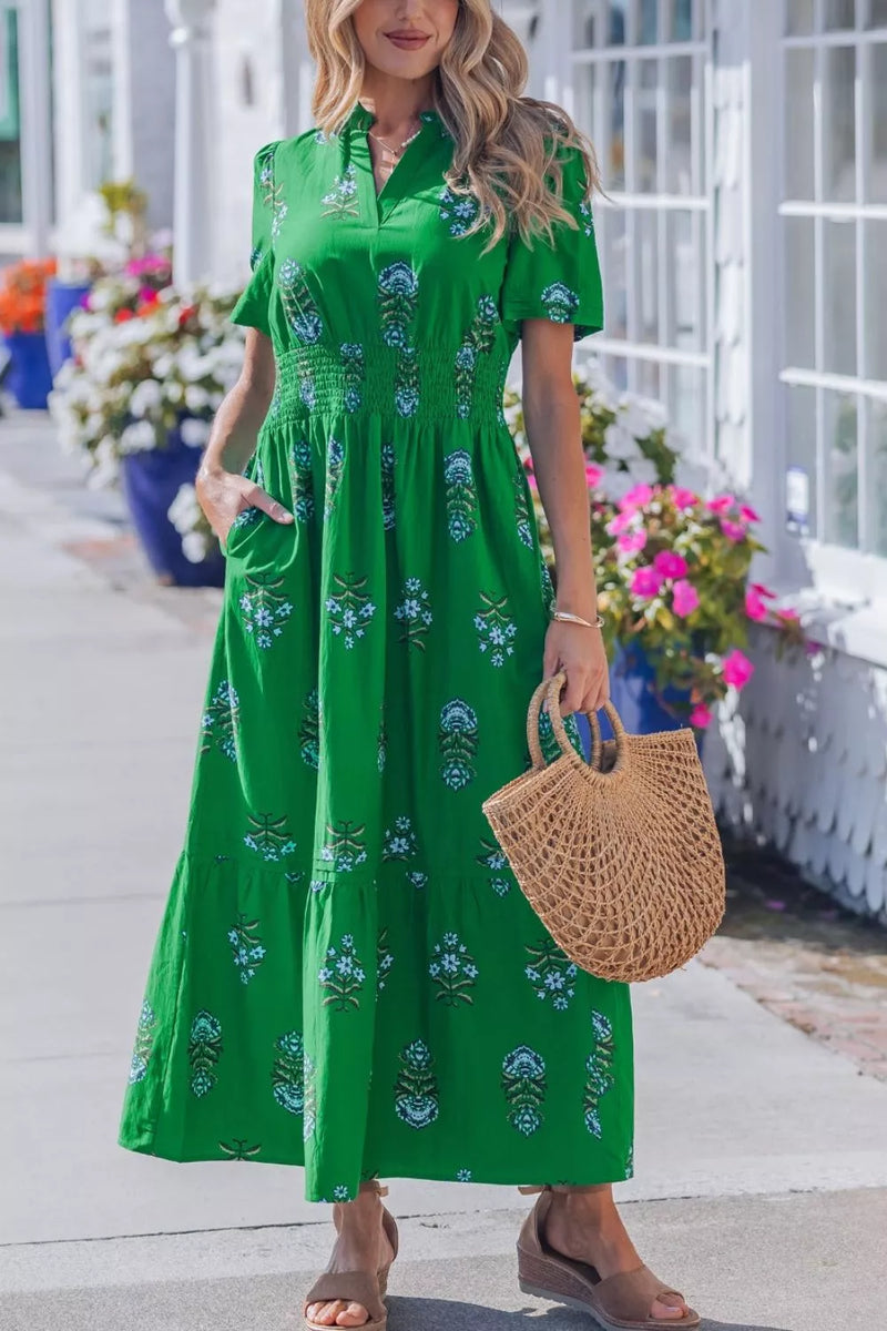 Dark green floral print smocked waist maxi dress, front view