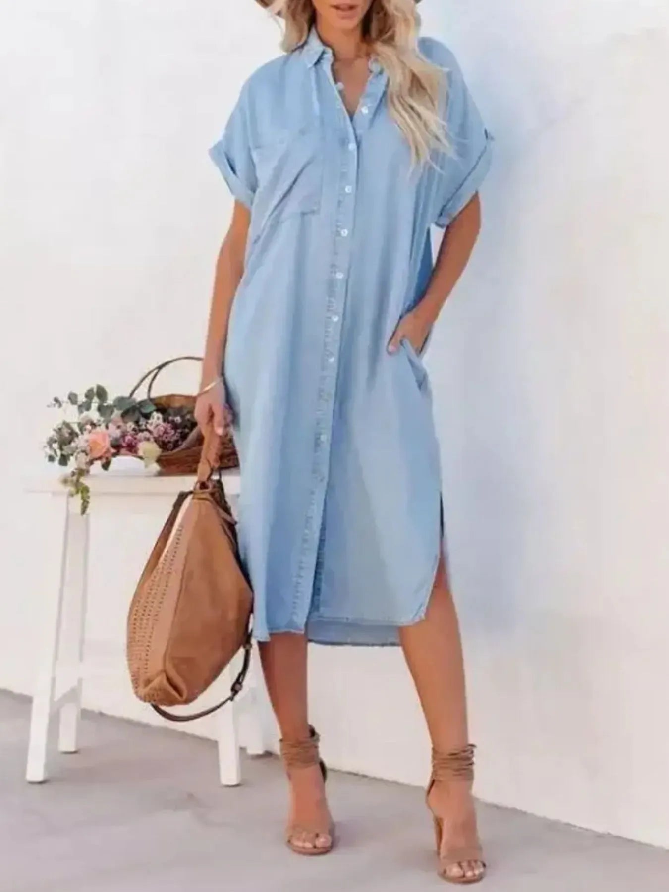 Button Down Denim Midi Shirt Dress - Fashorio
