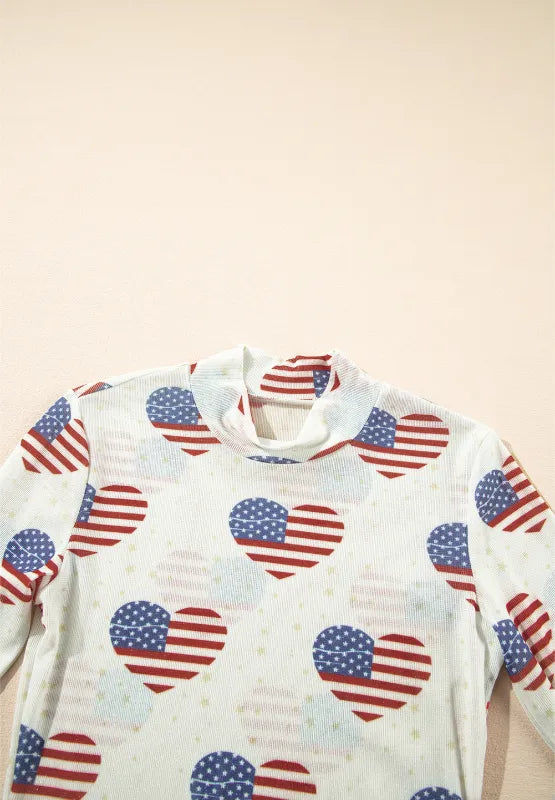 US Flag Heart Mock Neck Long Sleeve Bodysuit - Fashorio