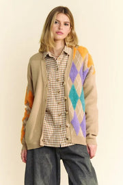 Davi & Dani Argyle V-Neck Dropped Shoulder Cardigan Tan - Fashorio