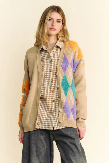 Davi & Dani Argyle V-Neck Dropped Shoulder Cardigan Tan - Fashorio
